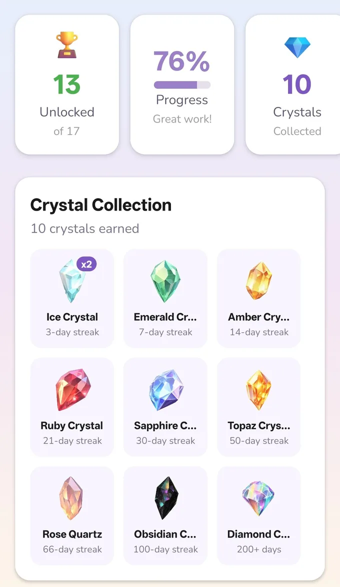 Habitberg crystal collection screen showing unlocked crystal tiers earned at streak milestones
