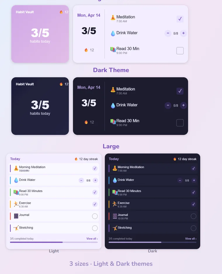 Habitberg home screen widgets in small, medium, and large sizes shown in light and dark themes